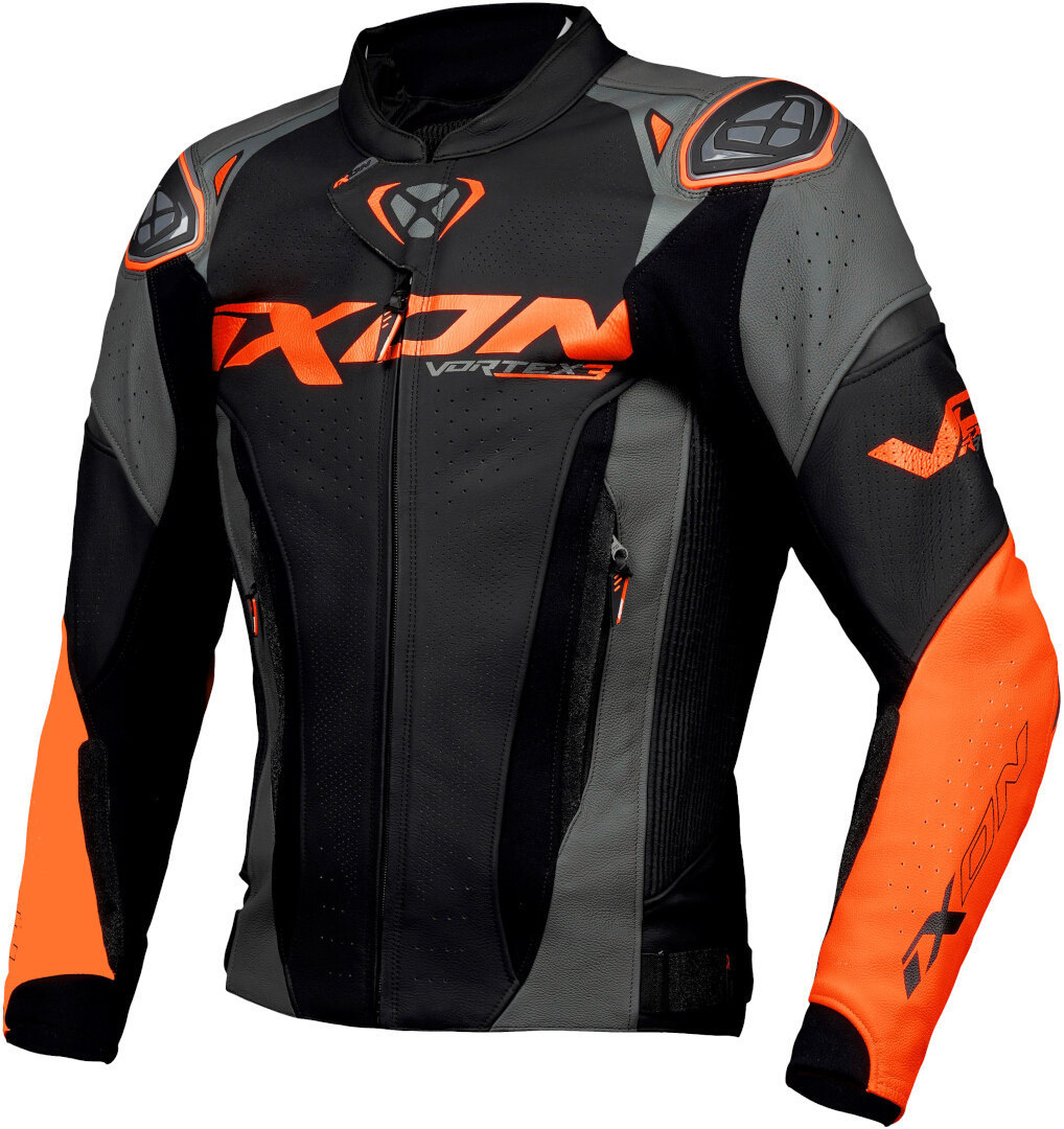 Ixon Vortex 3 JKT Schwarz Anthrazit Orange Motorrad Lederjacke Größe M
