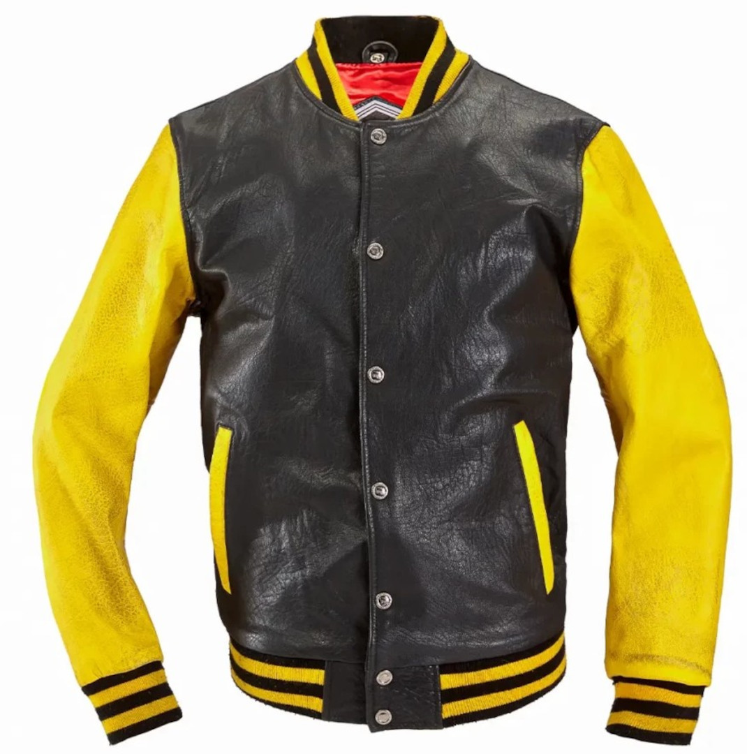 HolyFreedom Varsity College Schwarz Gelb Motorrad Lederjacke Größe 2XL