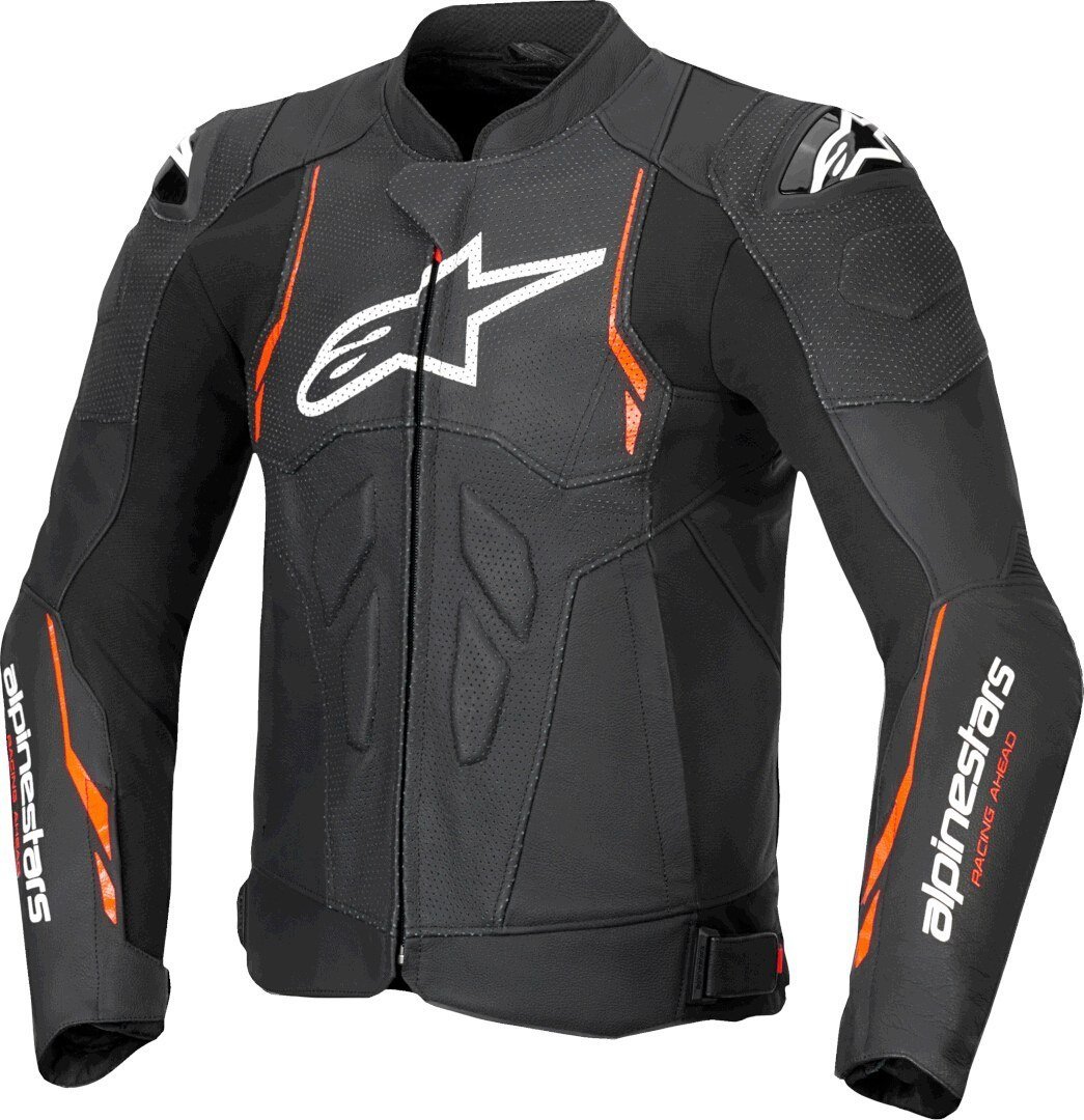 Alpinestars Dusk Airflow Schwarz Rot Fluo Motorrad Lederjacke Größe 48