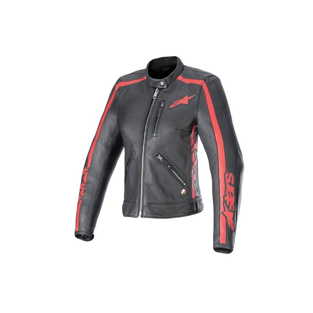 Alpinestars Stella Dyno Lederjacke Schwarz Leuchtend Rot Größe XS