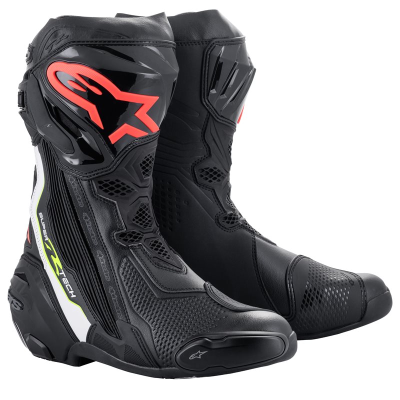 Alpinestars Supertech R Schwarz Weiß Rot Flu Gelb Flu Stiefel Größe 40