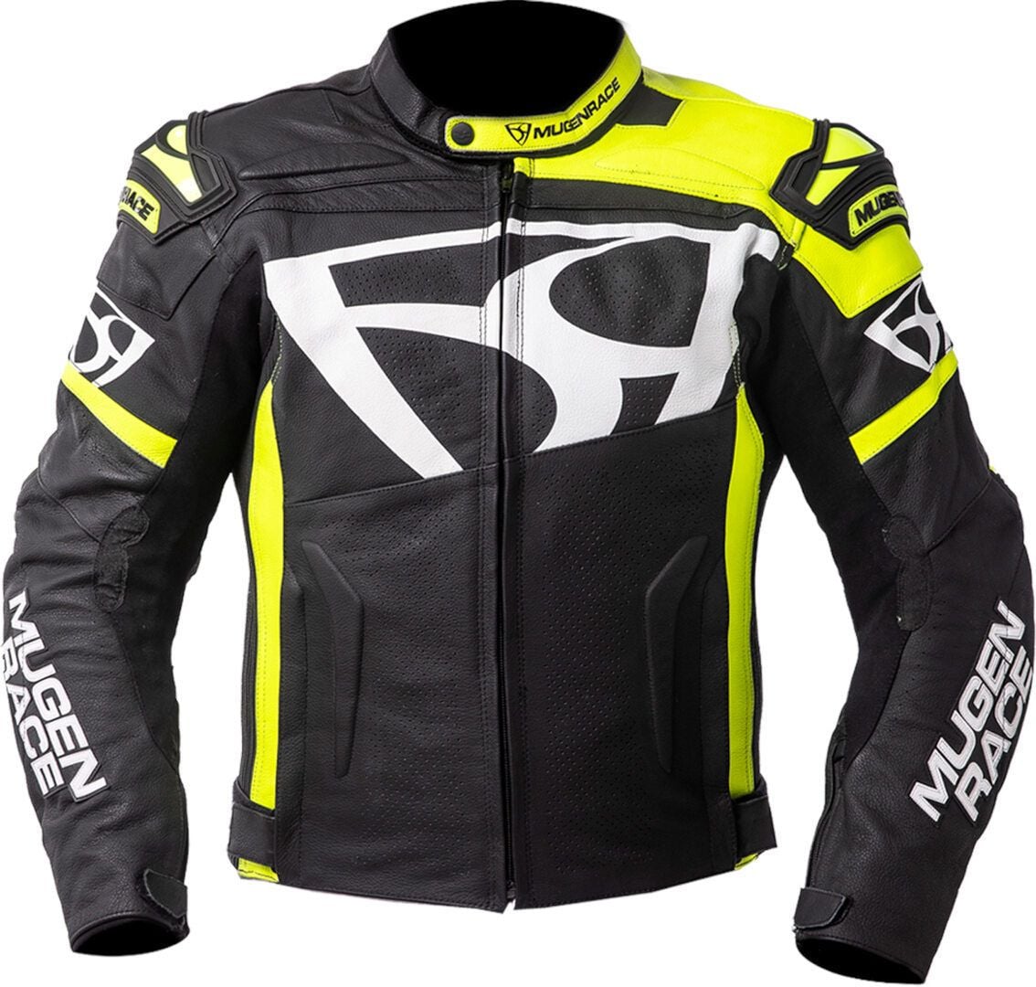 MUGENRACE Aggressore Black White Fluo Yellow Leather Jacket