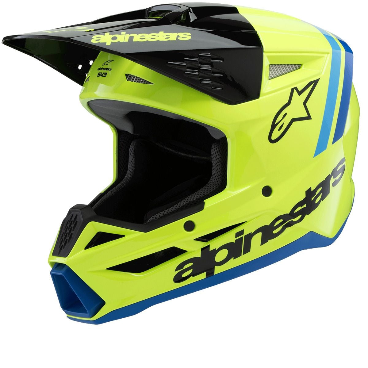 Alpinestars S-M3 Youth Radium Yellow Fluo Black Blue Glossy Offroad Helmet - Main Image