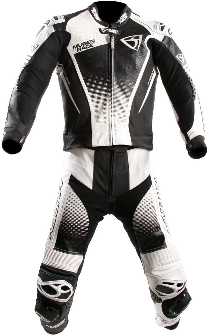 MUGENRACE Sidegun Black White Perforated 2PC Leather Motorcycle