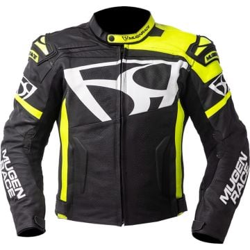 MUGENRACE Aggressore Black White Fluo Yellow Leather Jacket