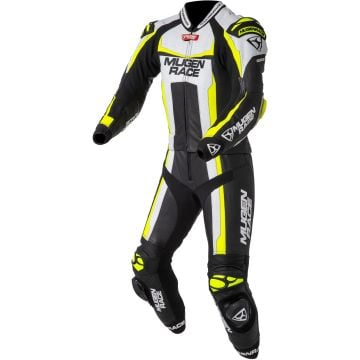 MUGENRACE Ibrido Black White Neon Yellow 2PC Leather Motorcycle Suit