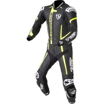 MUGENRACE Mucho Black White Neon Yellow 2PC Leather Motorcycle Suit