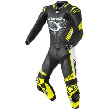 MUGENRACER Impegnato Black White Neon Yellow Perforated 2PC Leather Motorcycle Suit