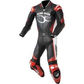 MUGENRACER Impegnato Black White Red Perforated 2PC Leather Motorcycle Suit