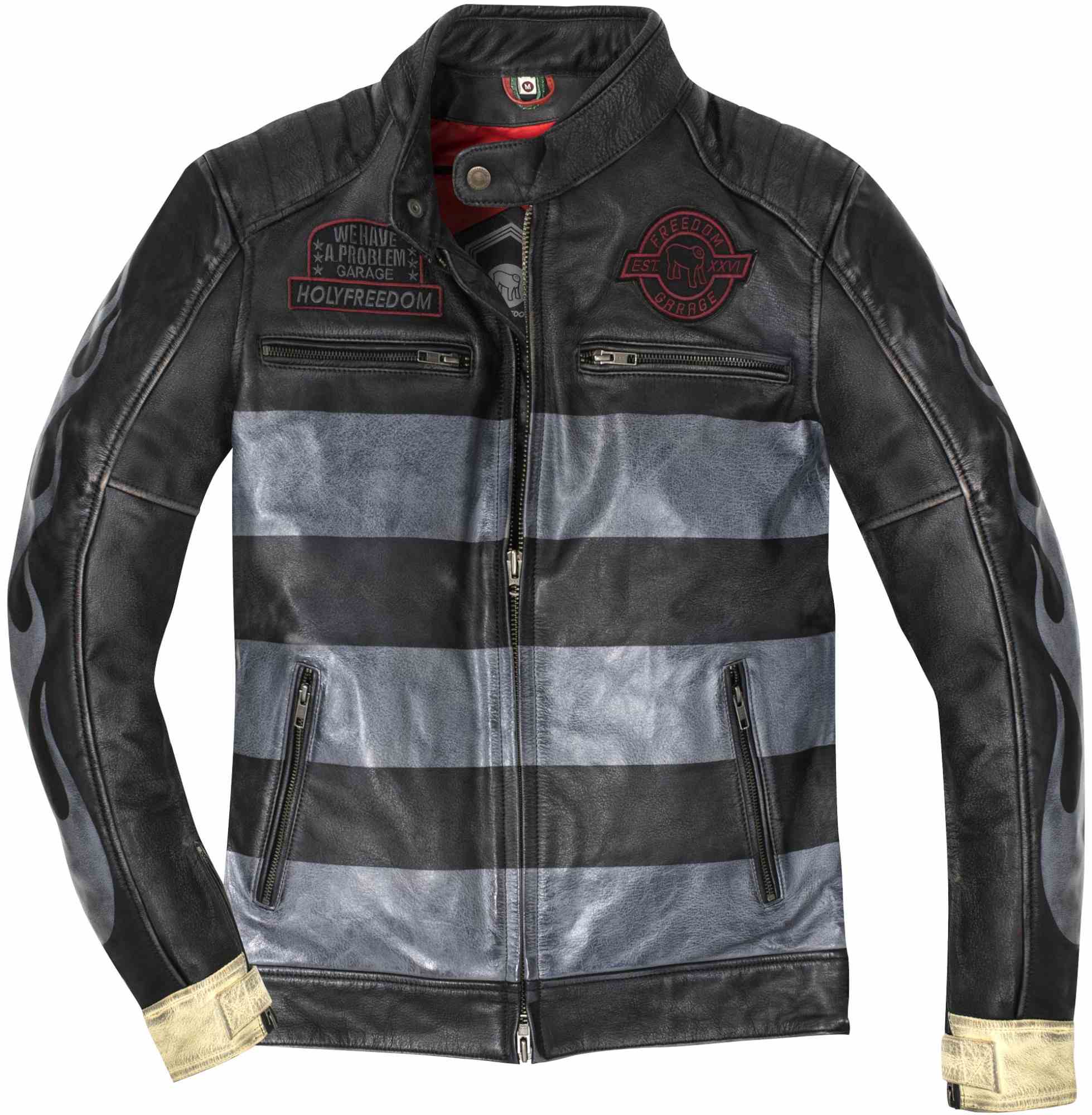 HolyFreedom Zero Inferno Schwarz Grau Rot Blau Motorrad Lederjacke Größe M